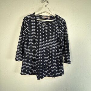 Chico's Womens Navy White Metallic Wave Pattern Three-Quarter Sleeve Top Size 1